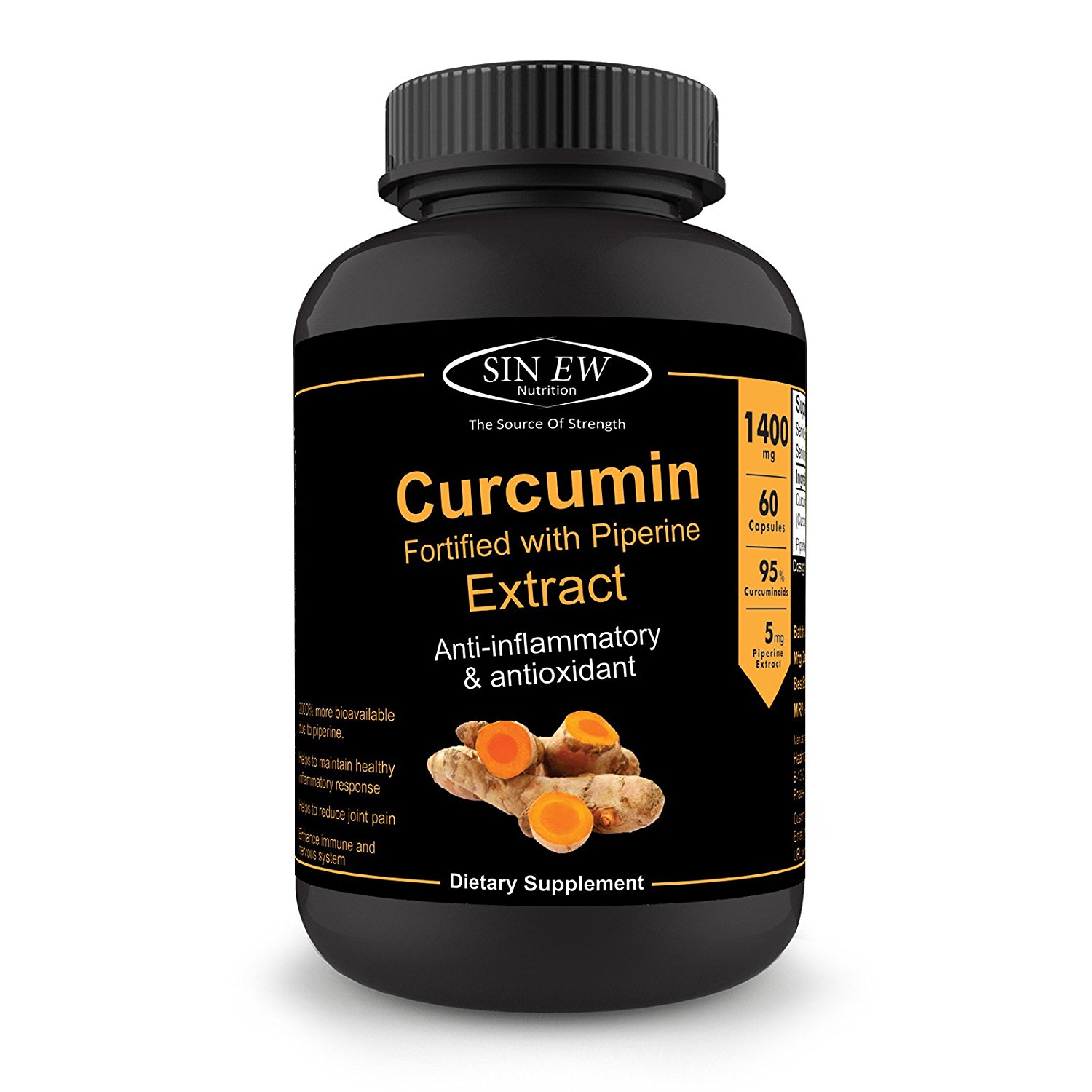 Sinew Nutrition Extra Bioavailable Organic Turmeric Curcumin Extract, 95% Curcuminoids with Piperine – 1400 mg Per Serving – 60 Veg Capsules