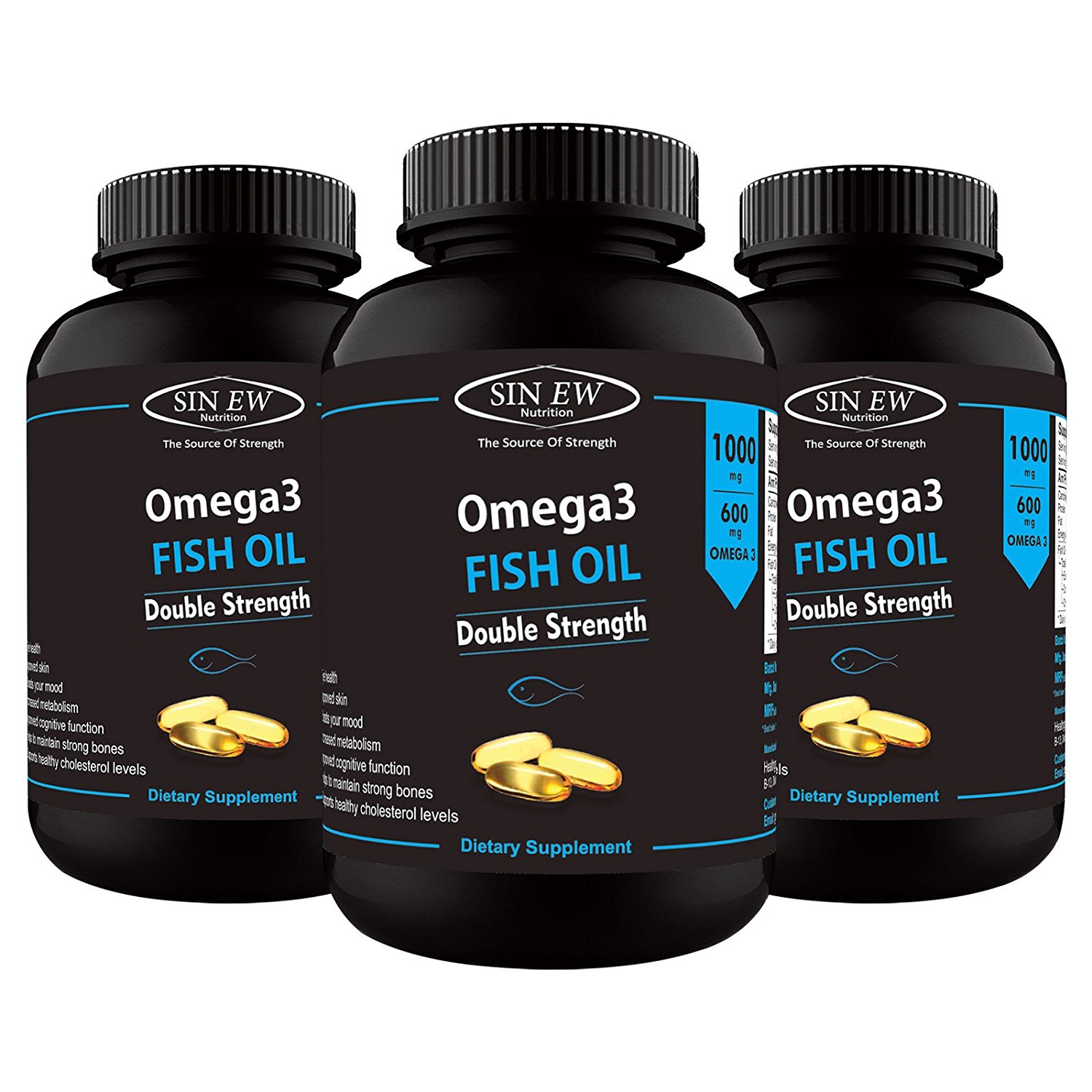 Sinew Nutrition Omega 3 Double Strength Fish Oil 1000mg (300EPA & 200DHA), 60 Softgels (Pack of 3)