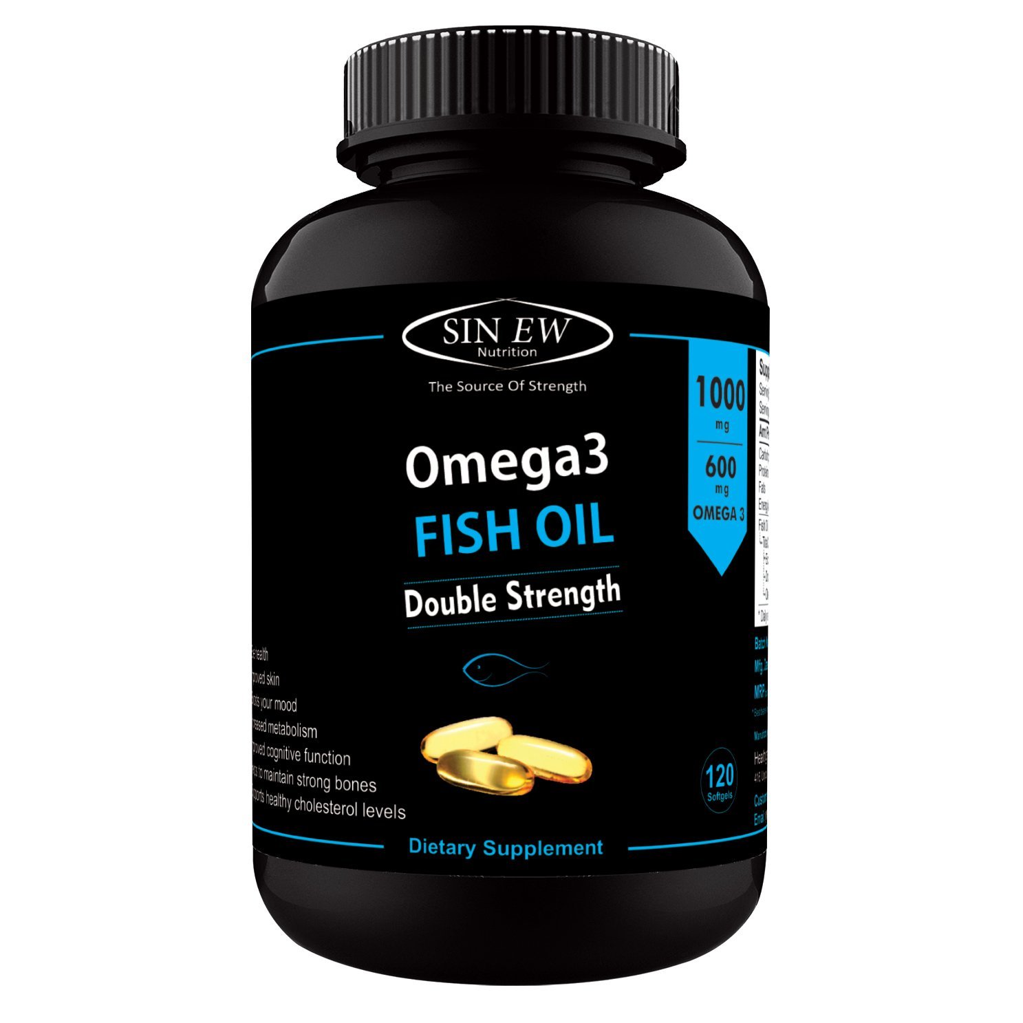 Sinew Nutrition Omega 3 Double Strength Fish Oil 1000mg (300EPA & 200DHA), 120 Softgels