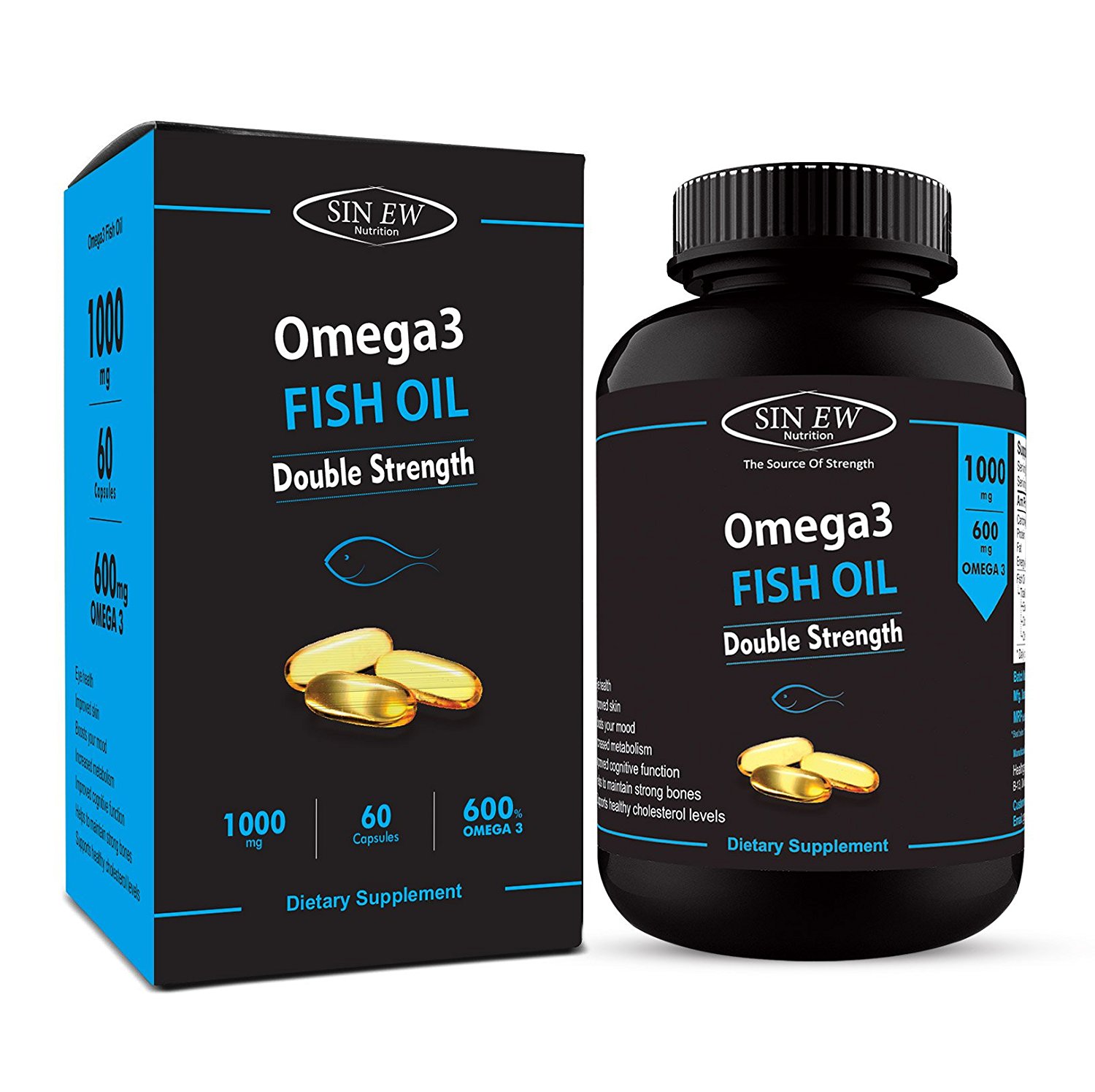 Sinew Nutrition Omega 3 Double Strength Fish Oil 1000mg (300EPA & 200DHA), 60 Softgels