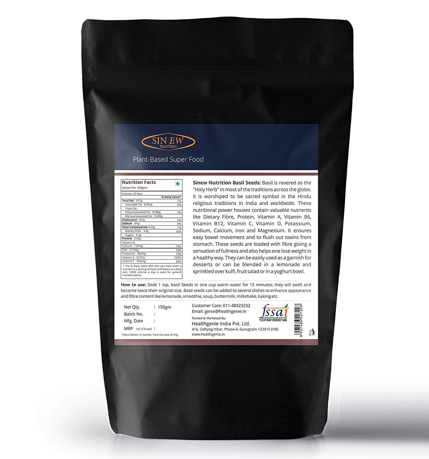 Buy Sinew Nutrition Sabja Basil Seeds for Weight Loss 150 gm Online in